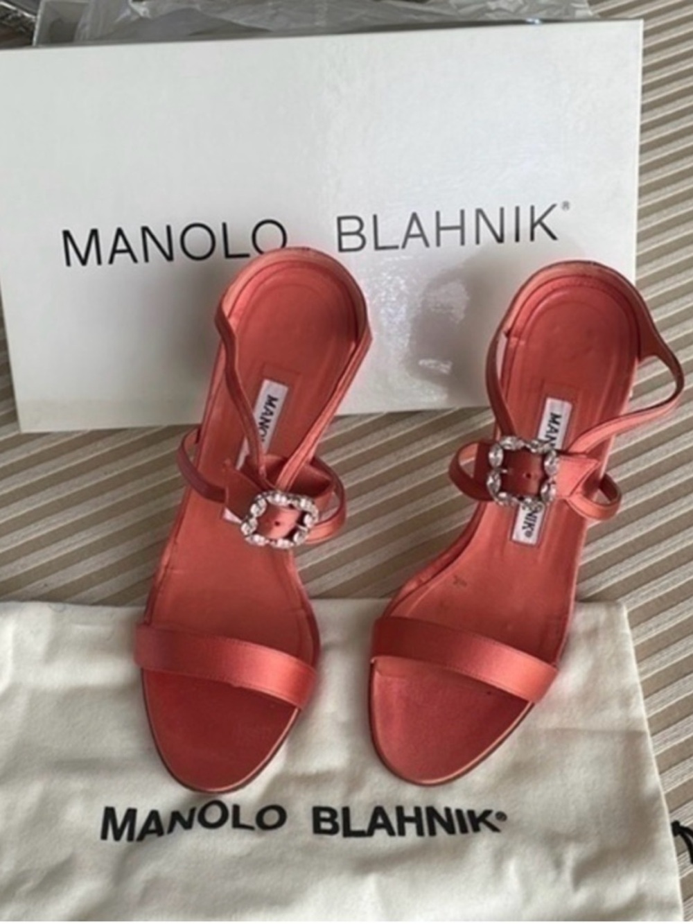 Manolo Blahnik satin mules original box & dust bag Crystal Embellished